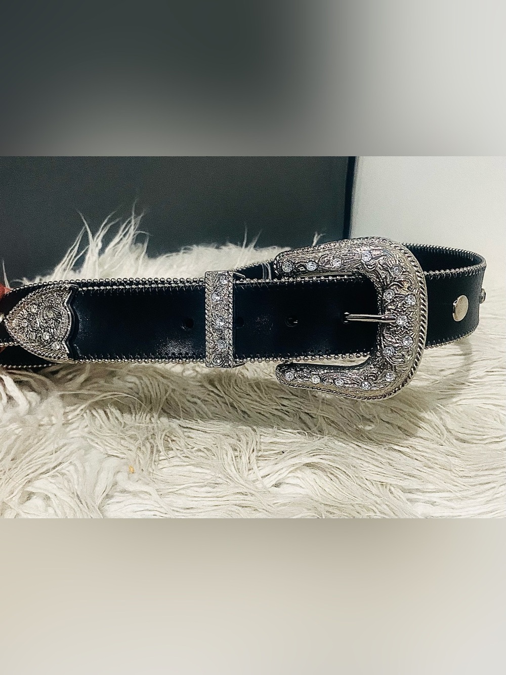 Women’s Vintage Black Leather Western inspired Rhinestone Belt size S/M